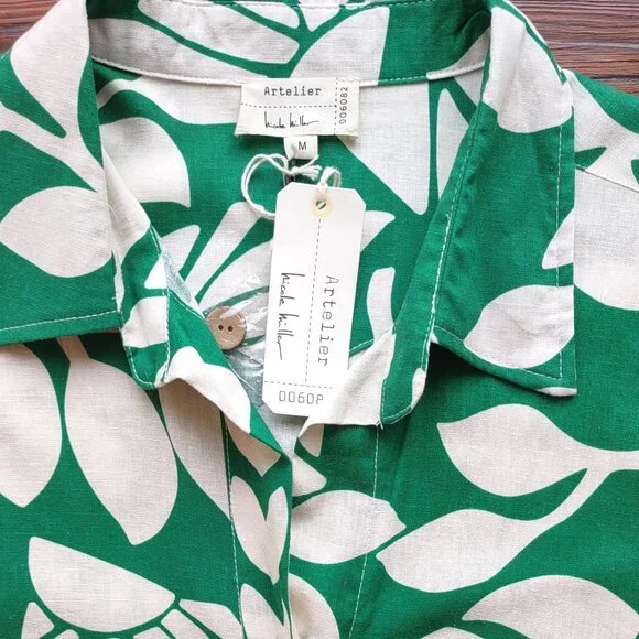 NWT Nicole Miller Linen Shirt Crop Jacket Tropical Button-Up Short Sleeve Size M - Picture 5 of 11